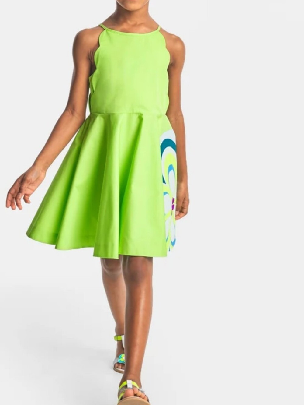 Jacadi Girls' Lime Green Halter Fit & Flare Scalloped Dress Size 8